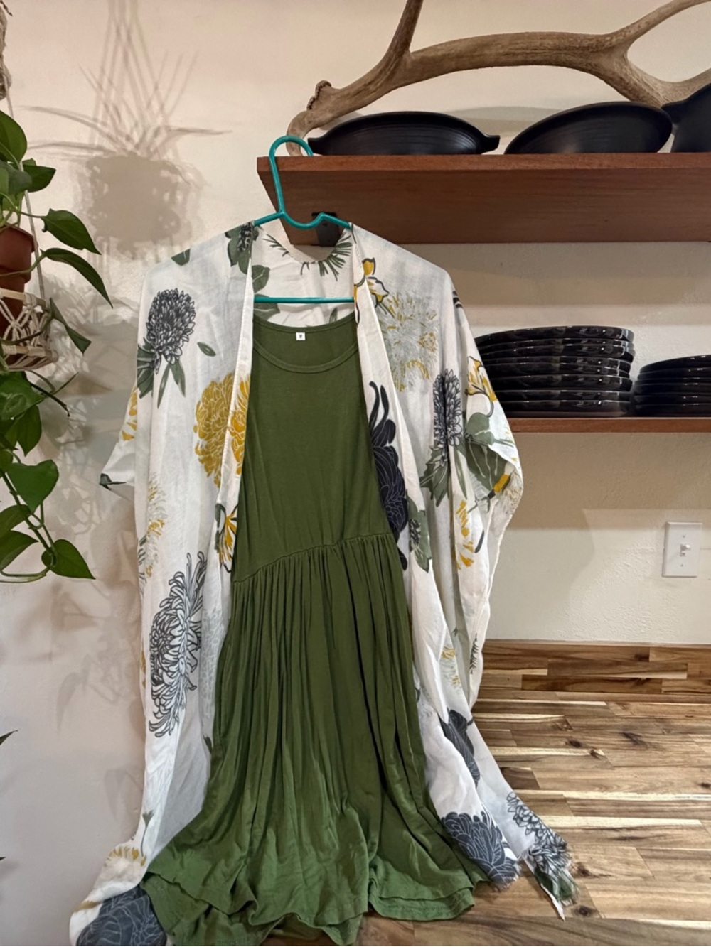 Old Navy Olive Green Maxi Dress with White Floral Kimono